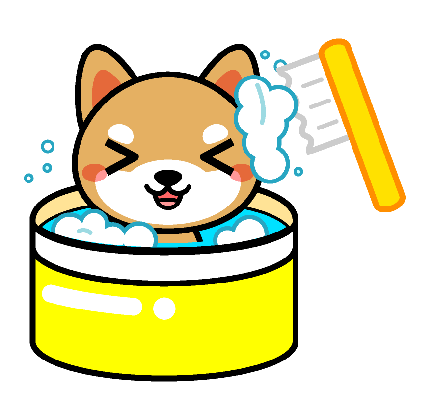 シャンプーとブラシで綺麗に洗われる犬イラスト 犬 動物 素材のプチッチ