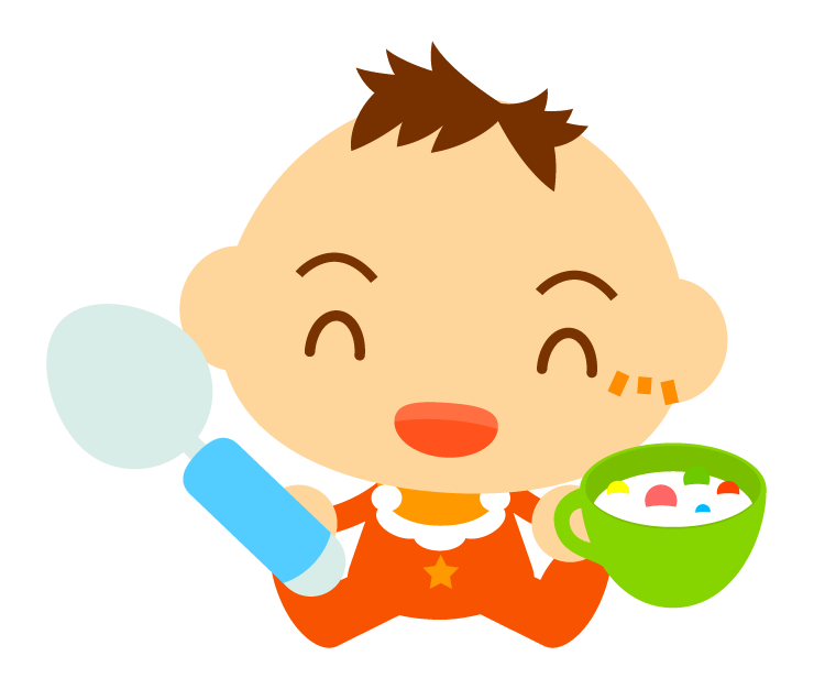 ベビーフードを食べる赤ちゃんイラスト オレンジ色の服を着た男の子 かわいいフリー素材 無料イラスト 素材のプチッチ