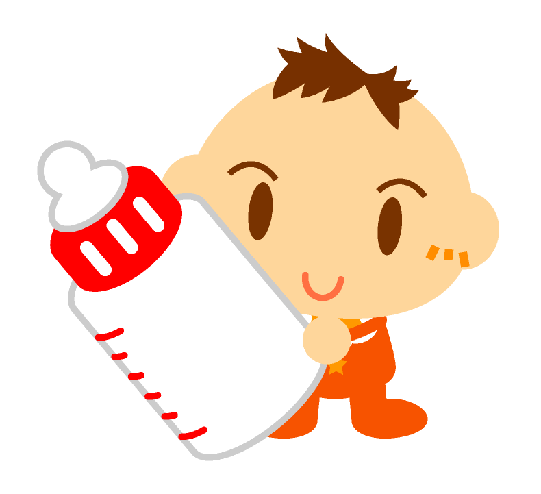 哺乳瓶を持った赤ちゃんイラスト オレンジ色の服を着た男の子 かわいいフリー素材 無料イラスト 素材のプチッチ