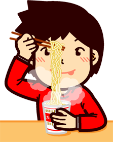 カップラーメンを箸で持ちあげて美味しそうと思っているイラスト/男性