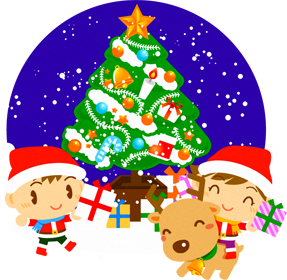 クリスマスツリーとサンタクロース衣装の子供イラスト