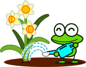 水仙に水やりをする蛙のイラスト 春と動物 4月 季節 素材のプチッチ